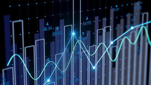 Graphs display stock prices and market trends on a digital screen. Data shows various heights of bars and lines representing financial movements over time.