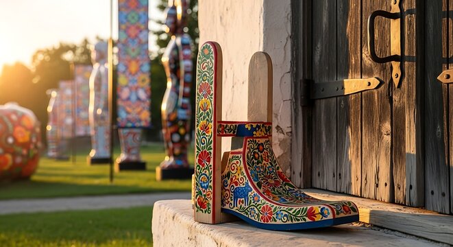 A traditional wooden shoe adorned with intricate hand painted floral patterns rests upon a stone ledge while colorful statues stand in the golden sunlight of a serene outdoor garden during summer