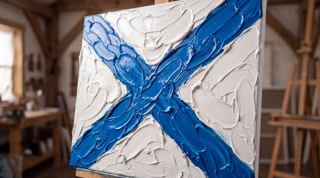 A close-up view of an oil painting on canvas depicting the Russian Naval Ensign (St. Andrew's flag) created with thick, textured impasto paint strokes.