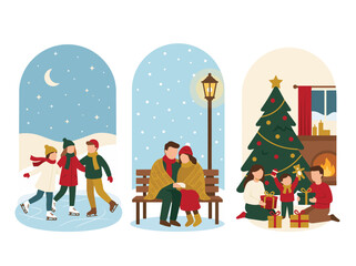 Naklejka premium Winter Holiday Scenes in Arched Frames with Couples and Family. Ice Skating, Couple Sitting on a Snowy Bench, and a Family Decorating a Christmas Tree.