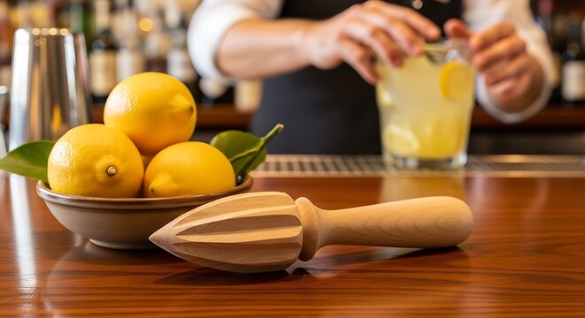 A wooden lemon reamer sits next to a bowl of fresh yellow citrus fruits on a bar counter while a bartender prepares a refreshing cocktail drink for customers in a busy restaurant or lounge