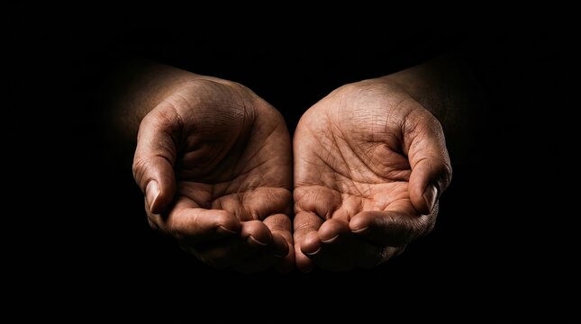 Two cupped human hands held together in a gesture of offering or receiving isolated against a solid black background