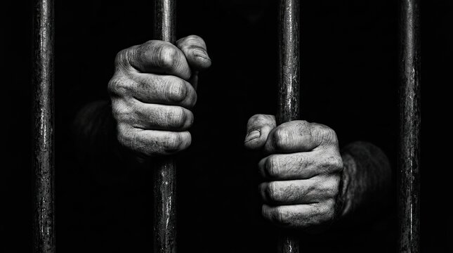 A close up of a prisoner hands gripping onto dark metal prison bars in a dimly lit jail cell