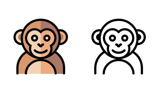 Cute monkey avatar icon set including colored and line art version for design.