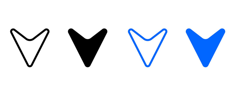 Modern Minimal Down Arrow Icon Sheet. High Resolution 2D Outline and Solid Navigation UI Icons Collection.