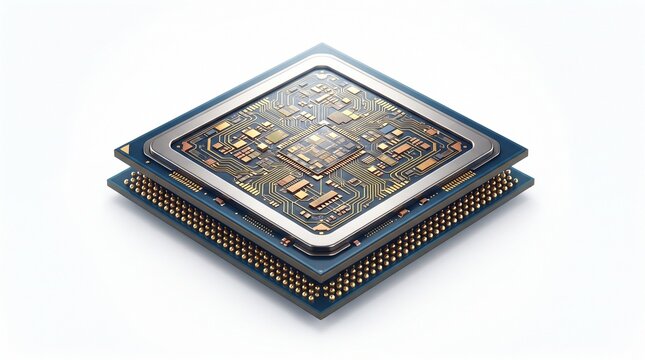 Modern electronic processor chip with golden circuitry on isolated white background for tech hardware