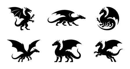 Fototapeta premium Dragon Silhouettes, Mythical Creatures Vector Icons, Fantasy Beasts Set, Tribal Tattoo Designs
