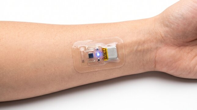 Smart wearable health sensor on human wrist, medical electronic skin patch for monitoring, futuristic biotech sensor device