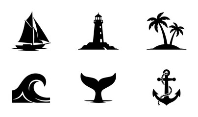 Fototapeta premium Nautical Icons Set: Sailboat, Lighthouse, Palm Trees, Wave, Whale Tail, Anchor Graphics