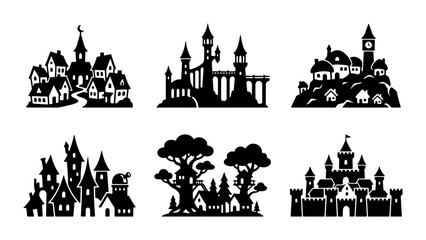 Fototapeta premium Fantasy Village Silhouettes, Medieval Castle Icons, Mythical Town Graphics, Enchanted City Vector Set