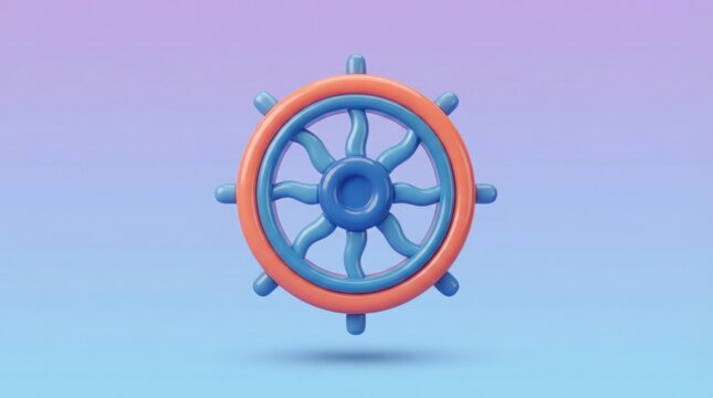3D render of ship steering wheel with blue center and orange spokes on gradient background