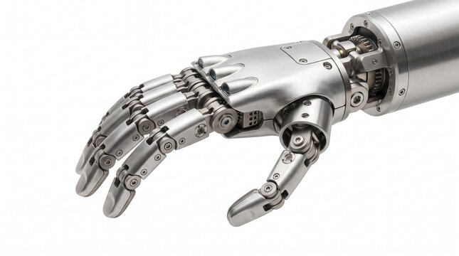Robotic hand with metallic joints, futuristic bionic arm for medical technology, silver mechanical prosthetic limb on white background