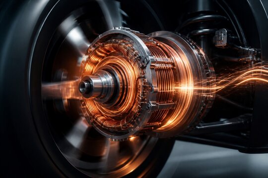 Electric motor rotor spinning with glowing copper coils in workshop