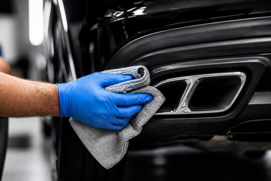 Car technician cleaning exhaust tip with microfiber cloth in garage