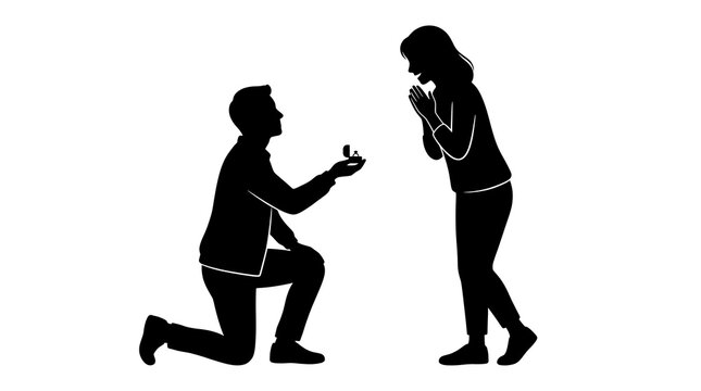 Man kneeling with ring proposing to surprised woman during a romantic moment