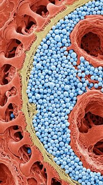 Microplastic particle aggregation, demonstrating ecological pollution danger, showing cellular contamination hazard within a biological system, visualizing environmental organism harm.