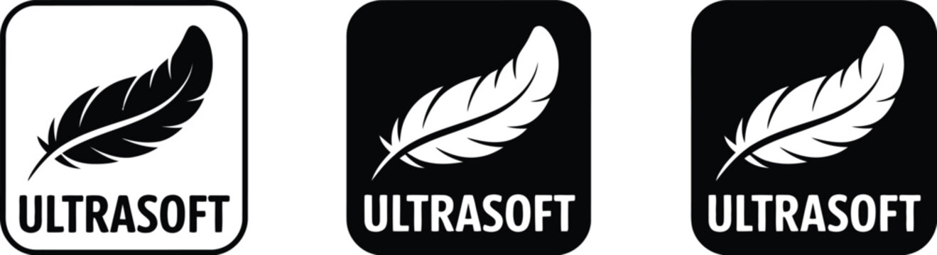 Ultra soft feather icon set, high comfort symbols for ultrasoft fabric, thin lightweight materials, sensitive skin, softness, fabric softener, labels, logos, and packaging design.