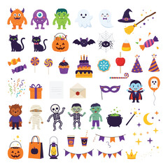 Fototapeta premium Halloween vector graphics icon set for design and branding. Cute spooky characters, party decorations, costumes. Orange, purple, green flat illustration collection for prints