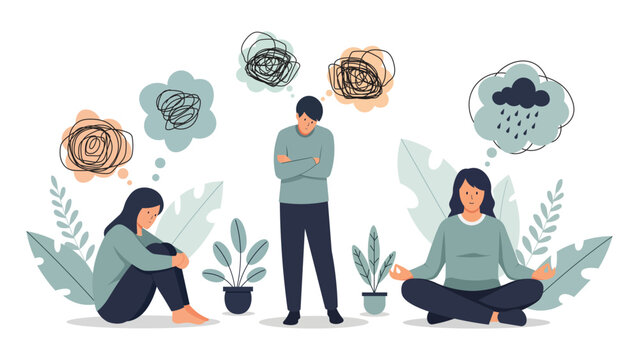 Mental health illustration with people coping with depression stress and meditation