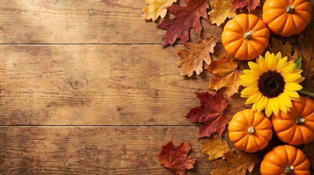 Small orange pumpkins and sunflower with autumn leaves on a rustic wooden table