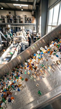 Sorting Conveyor Belt Carrying Compressed Plastic Bottle Waste at Recycling Center