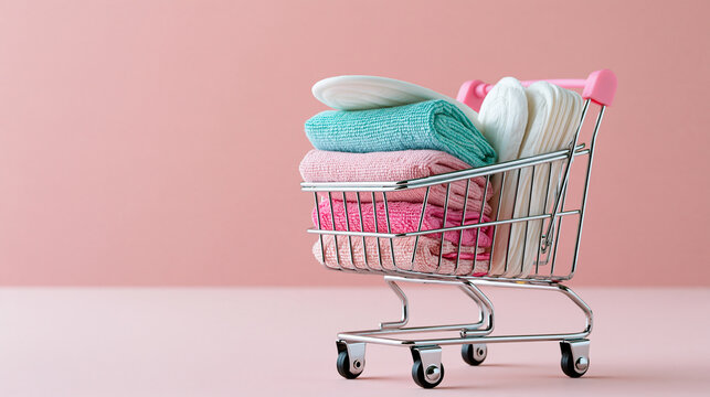 Generic feminine hygiene products arranged inside a small shopping trolley on a soft pink background, menstrual care, personal hygiene, women's health, retail shopping, healthcare