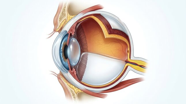 Human eye cross section anatomy, showing internal structure, visualizing cornea and lens, presenting retina with iris, optic nerve pathway, vitreous humor cavity, sclera protection layer.