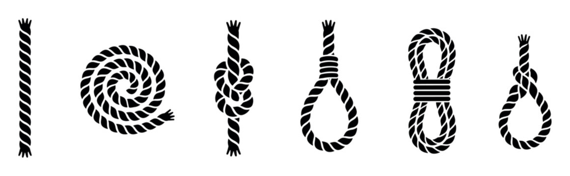 Black silhouette rope vector illustrations including straight lines coiled circles tied knots and hanging loops for nautical or decorative design projects