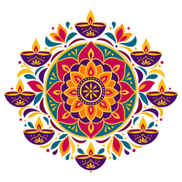 Colorful rangoli pattern with diwa oil lamps for Diwali celebration vector graphic