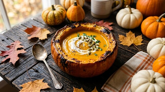 Pumpkin soup served in a carved pumpkin bowl on a wooden table with fall leaves