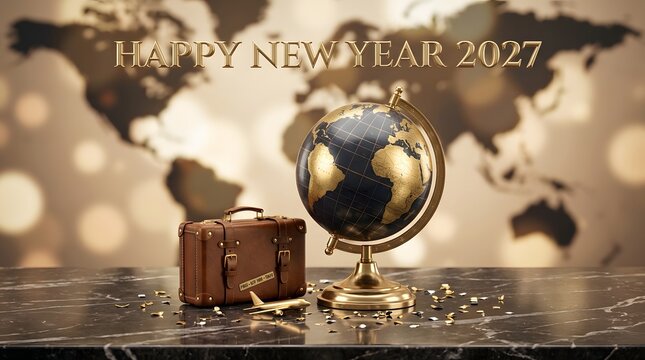 Happy new year 2027 with globe, vintage suitcase, and airplane model