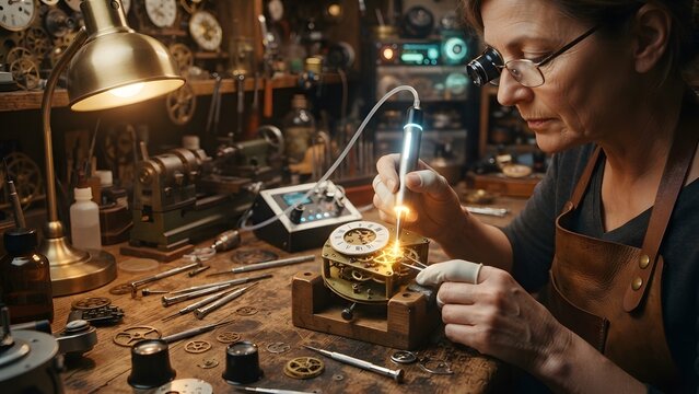 Watchmaker intently repairing intricate clockwork mechanism with specialized tools