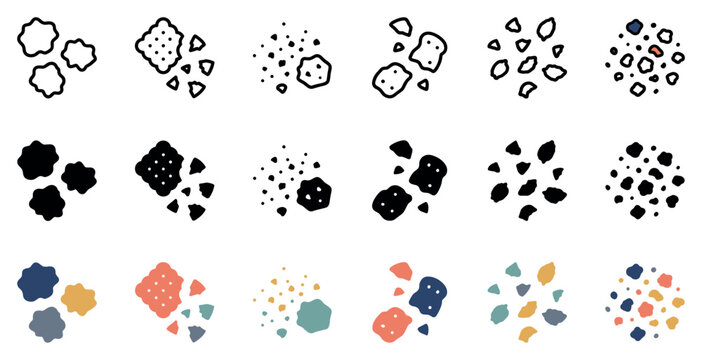 Crumb and broken cookie vector illustration set featuring scattered biscuit pieces in outline silhouette and flat color styles