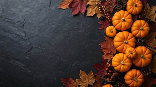 Small orange pumpkins and autumn leaves on a dark wooden background