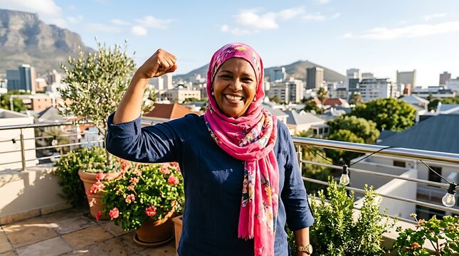 Muslim woman wearing pink hijab showing strength and resilience for cancer