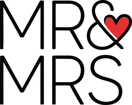 Elegant typography design featuring the words mr and mrs with a vibrant red heart icon perfect for wedding invitations and decor