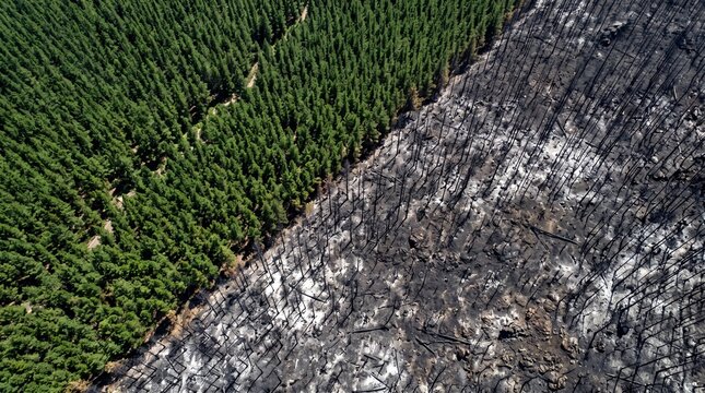 Aerial Contrast of Lush Green Pine Forest and Charred Burned Land After Wildfire Destruction