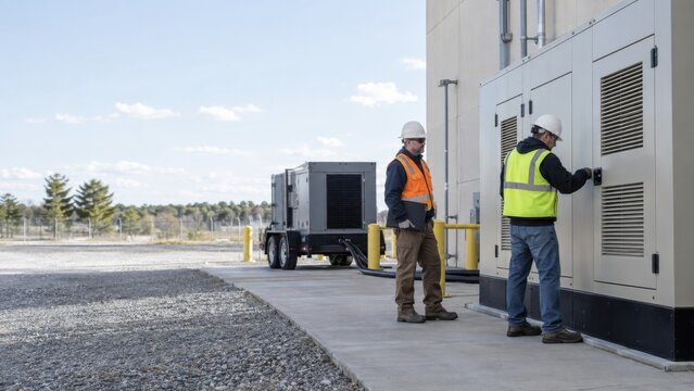 Engineers inspecting industrial generator enclosure