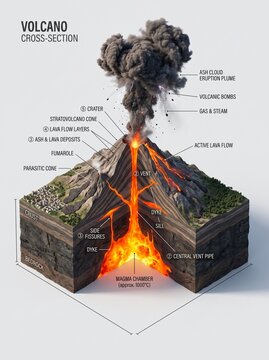 3D Geological Cross-Section of an Active Stratovolcano Diagram Illustrating Internal Magma Chamber Central Vent Lava Flow Layers and Volcanic Ash Eruption Plume Structure