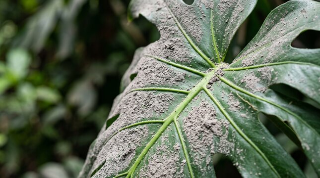 Close-up of a Large Green Monstera Leaf Covered in Volcanic Ash and Grey Dust Illustrating Environmental Impact and Natural Disaster in a Tropical Forest