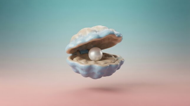 Open seashell with pearl floating inside on gradient background