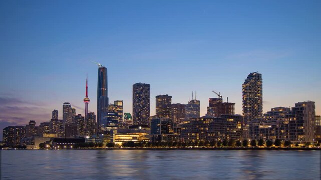 Panoramic view of the downtown Toronto financial center skyline with modern skyscrapers