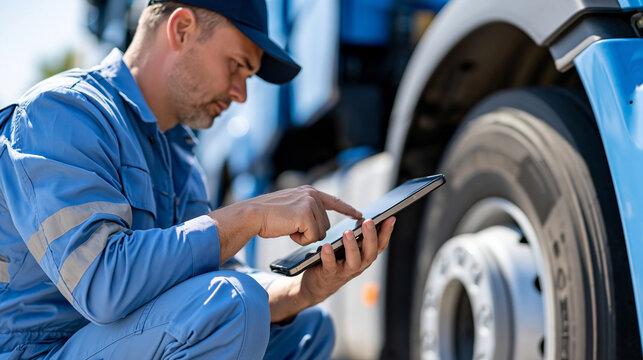 Mechanic using a digital diagnostic tablet beside a commercial truck, vehicle diagnostics, smart maintenance, automotive technology, fleet management, predictive maintenance, with