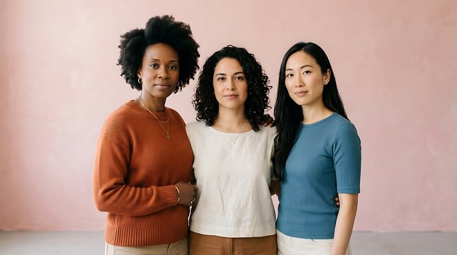 Group of three diverse women standing together showing unity with female group