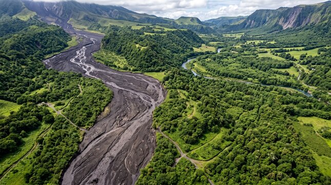 Aerial View of a Volcanic Mudflow Path Cutting Through a Lush Green Valley and Dense Forest Landscape