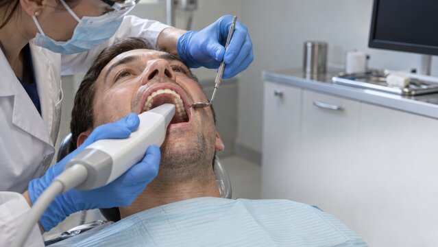 Dentist using intraoral scanner on patient teeth