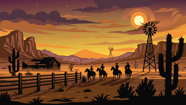 Wild West Cowboy Sunset Desert Landscape vector illustration.