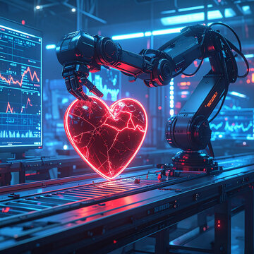 A robotic arm delicately handles a glowing, fractured red heart on a futuristic factory assembly line. This evocative image, featuring no people, symbolizes the intersection of love and technology.