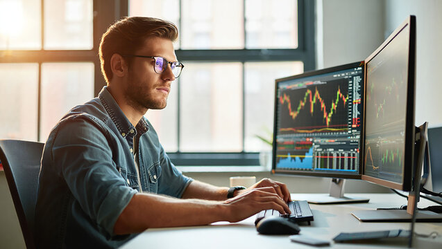 Professional male stock trader wearing glasses monitors financial market data on multiple computer screens while working in bright modern office during daytime.