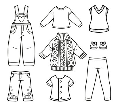 Denim overalls, leggings, embroidered cropped trousers, blouse, long-sleeve top, vest, sneakers outline for coloring on a white background